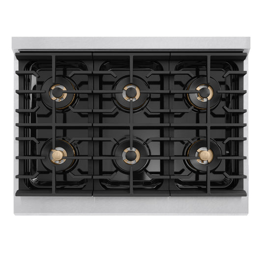 ZLINE 36 in. 5.2 cu. ft. Marino Dual Fuel Range with 6 Burner DuoPro™ Cooktop and Electric Convection Oven in Satin Stainless Steel (PMDRS-36) top-down, above cooking surface.