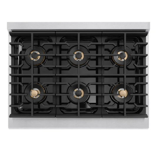 ZLINE 36 in. 5.2 cu. ft. Marino Dual Fuel Range with 6 Burner DuoPro™ Cooktop and Electric Convection Oven in Satin Stainless Steel (PMDRS-36) top-down, above cooking surface.