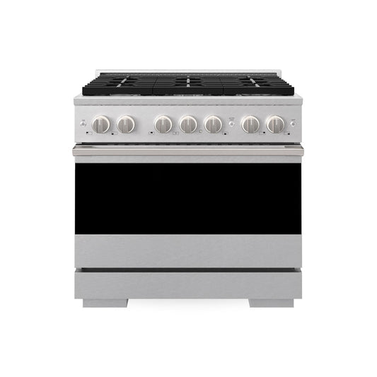 ZLINE 36 in. 5.2 cu. ft. Marino Gas Range with 6 Burner Cooktop and Convection Gas Oven in Satin Stainless Steel (MGRS-36) main image.