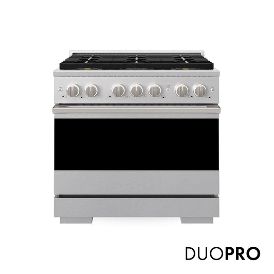 ZLINE 36 in. 5.2 cu. ft. Marino Gas Range with 6 Burner DuoPro™ Cooktop and Convection Gas Oven in Satin Stainless Steel (PMGRS-36) main image.