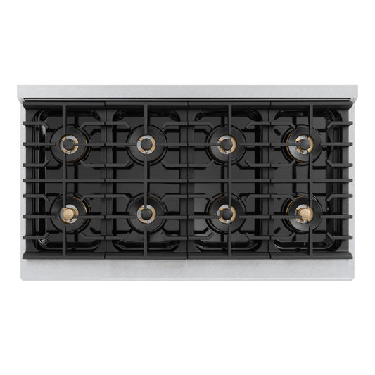 ZLINE 48 in. 6.7 cu. ft. Marino Gas Range with 8 Burner DuoPro™ Cooktop and Dual Ovens in Satin Stainless Steel (PMGRS-48) top-down, above cooking surface.