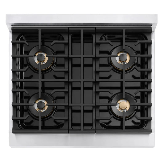 ZLINE 30 in. 4.2 cu. ft. Marino Dual Fuel Range with 4 Burner DuoPro™ Cooktop and Electric Convection Oven in Stainless Steel (PMDR30) top-down, above cooking surface.