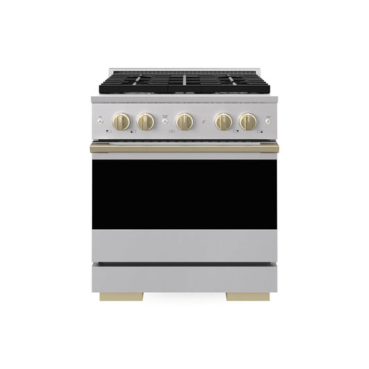 ZLINE Autograph Edition 30 in. 4.2 cu. ft. Marino Gas Range with 4 Burner Cooktop and Convection Gas Oven in Stainless Steel and Champagne Bronze Accents (MGRZ-30-CB) main image.