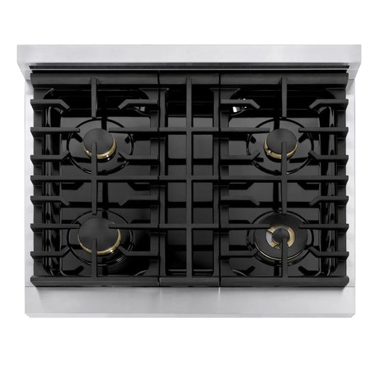 ZLINE Autograph Edition 30 in. 4.2 cu. ft. Marino Gas Range with 4 Burner Cooktop and Convection Gas Oven in Stainless Steel and Champagne Bronze Accents (MGRZ-30-CB) top-down, above cooking surface.