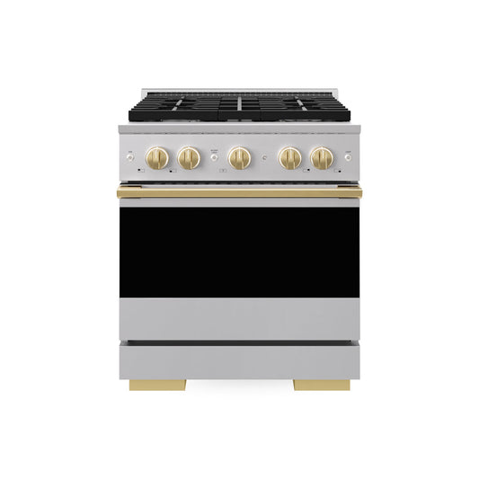 ZLINE Autograph Edition 30 in. 4.2 cu. ft. Marino Gas Range with 4 Burner Cooktop and Convection Gas Oven in Stainless Steel and Polished Gold Accents (MGRZ-30-G) main image.