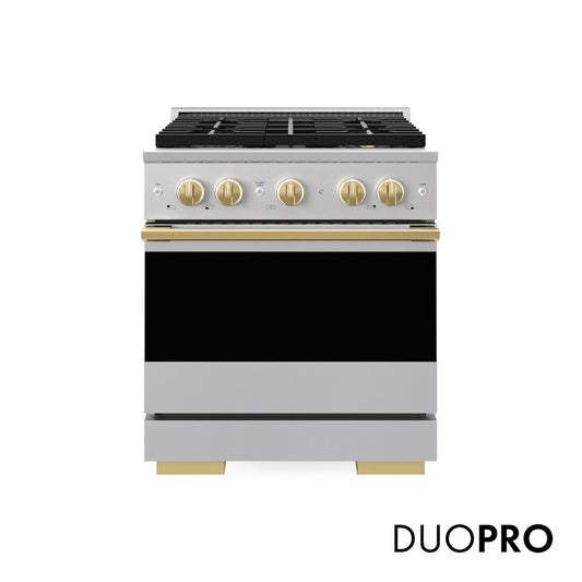 ZLINE Autograph Edition 30 in. 4.2 cu. ft. Marino Gas Range with 4 Burner DuoPro™ Cooktop and Convection Gas Oven in Stainless Steel with Polished Gold Accents (PMGRZ-30-G) main image.