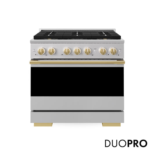 ZLINE Autograph Edition 36 in. 5.2 cu. ft. Marino Gas Range with 6 Burner DuoPro™ Cooktop and Convection Gas Oven in Stainless Steel and Polished Gold Accents (PMGRZ-36-G) main image.