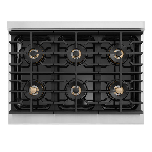 ZLINE Autograph Edition 36 in. 5.2 cu. ft. Marino Gas Range with 6 Burner DuoPro™ Cooktop and Convection Gas Oven in Stainless Steel and Matte Black Accents (PMGRZ-36-MB) top-down, above cooking surface.