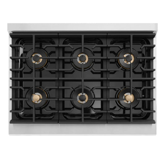 ZLINE Autograph Edition 36 in. 5.2 cu. ft. Marino Gas Range with 6 Burner DuoPro™ Cooktop and Convection Gas Oven in Stainless Steel and Matte Black Accents (PMGRZ-36-MB) top-down, above cooking surface.