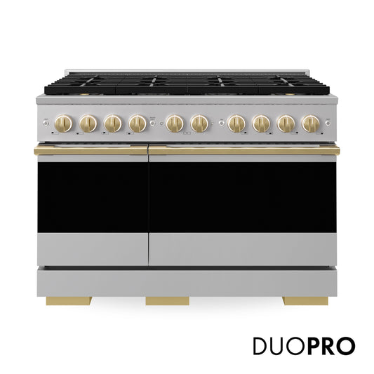ZLINE Autograph Edition 48 in. 6.7 cu. ft. Marino Gas Range with 8 Burner DuoPro™ Cooktop and Dual Ovens in Stainless Steel and Polished Gold Accents (PMGRZ-48-G) main image.