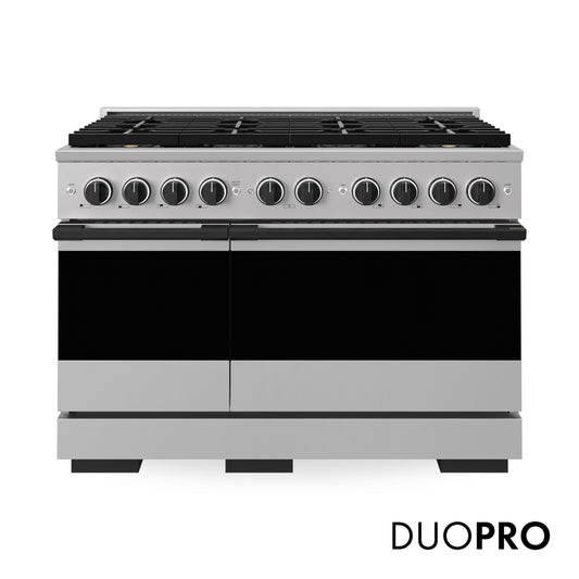 ZLINE Autograph Edition 48 in. 6.7 cu. ft. Marino Gas Range with 8 Burner DuoPro™ Cooktop and Dual Ovens in Stainless Steel and Matte Black Accents (PMGRZ-48-MB) main image.