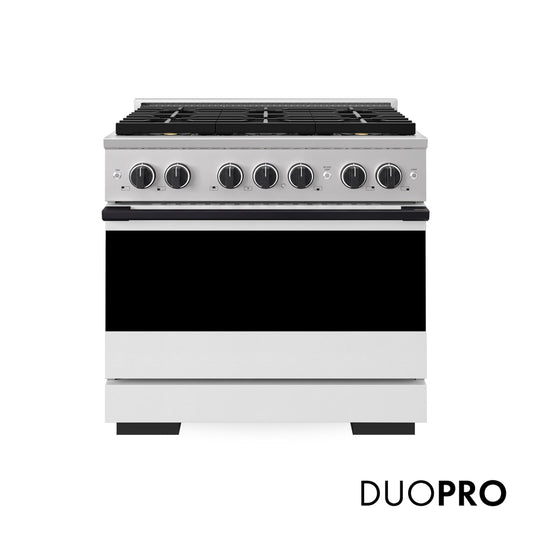 ZLINE Autograph Edition 36 in. 5.2 cu. ft. Marino Gas Range with 6 Burner DuoPro™ Cooktop and Convection Gas Oven with White Matte Door and Matte Black Accents (PMGRZ-WM-36-MB) main image.