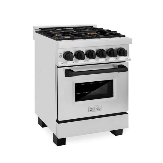 ZLINE Autograph Edition 24 in. 2.8 cu. ft. Legacy Dual Fuel Range with 4 Burner Gas Cooktop and Electric Convection Oven in Stainless Steel and Matte Black Accents (RAZ-24-MB) main image.