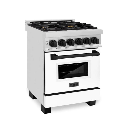 ZLINE Autograph Edition 24 in. 2.8 cu. ft. Legacy Dual Fuel Range with 4 Burner Gas Cooktop and Electric Convection Oven in Stainless Steel with White Matte Door and Matte Black Accents (RAZ-WM-24-MB) main image.