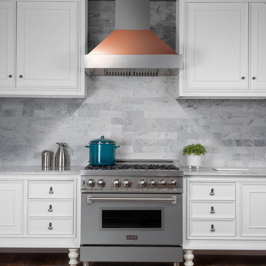 ZLINE 36 in. Ducted Satin Stainless Steel Wall Mount Range Hood with Copper Shell (8654C-36) in a luxury kitchen.