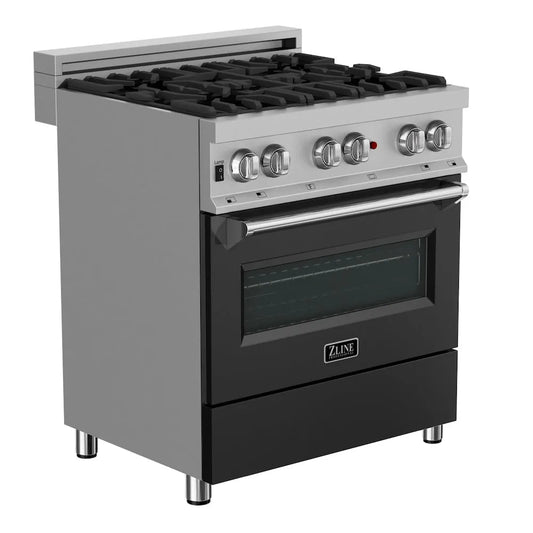 ZLINE 30 in. 4.0 cu. ft. Legacy Dual Fuel Range with 4 Burner Gas Cooktop and Electric Convection Oven in Satin Stainless Steel and Black Matte Door (RAS-BLM-30) main image.