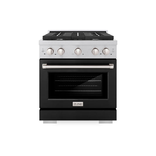 ZLINE 30 in. 4.2 cu. ft. Paramount Gas Range with 4 Burner Cooktop and Convection Gas Oven in Satin Stainless Steel with Black Matte Door (SGRS-BLM-30) front.