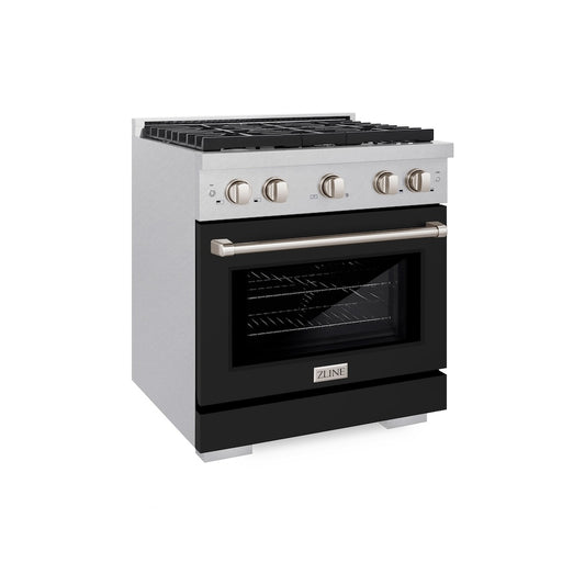 ZLINE 30 in. 4.2 cu. ft. Paramount Gas Range with 4 Burner Cooktop and Convection Gas Oven in Satin Stainless Steel with Black Matte Door (SGRS-BLM-30) side.