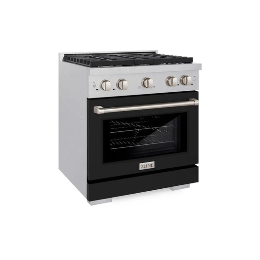 ZLINE 30 in. 4.2 cu. ft. Paramount Gas Range with 4 Burner Cooktop and Convection Gas Oven in Satin Stainless Steel with Black Matte Door (SGRS-BLM-30) main image.