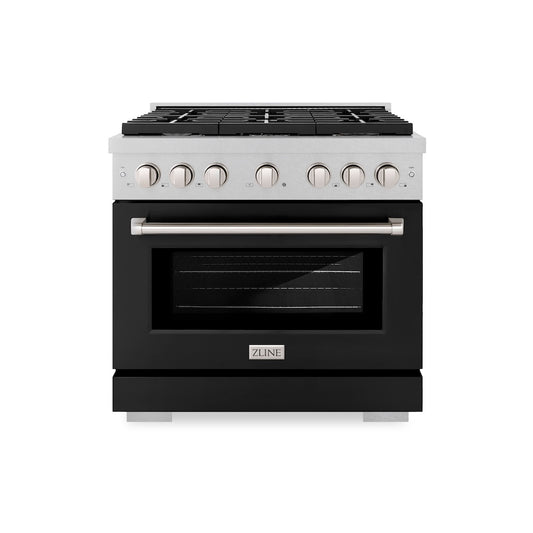 ZLINE 36 in. 5.2 cu. ft. Paramount Gas Range with 6 Burner Cooktop and Convection Gas Oven in Satin Stainless Steel with Black Matte Door (SGRS-BLM-36) front.