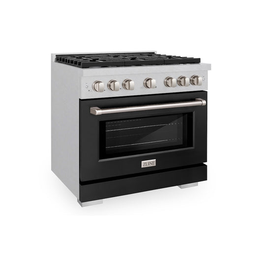 ZLINE 36 in. 5.2 cu. ft. Paramount Gas Range with 6 Burner Cooktop and Convection Gas Oven in Satin Stainless Steel with Black Matte Door (SGRS-BLM-36) side.