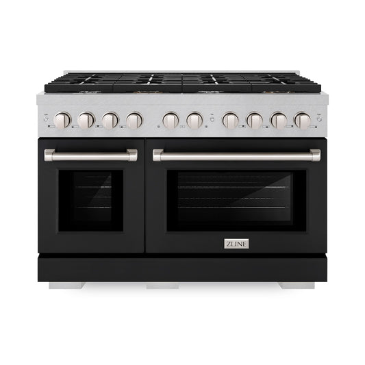 ZLINE 48 in. 6.7 cu. ft. Paramount Double Oven Gas Range with 8 Burner Cooktop in Satin Stainless Steel with Black Matte Doors (SGRS-BLM-48) front.