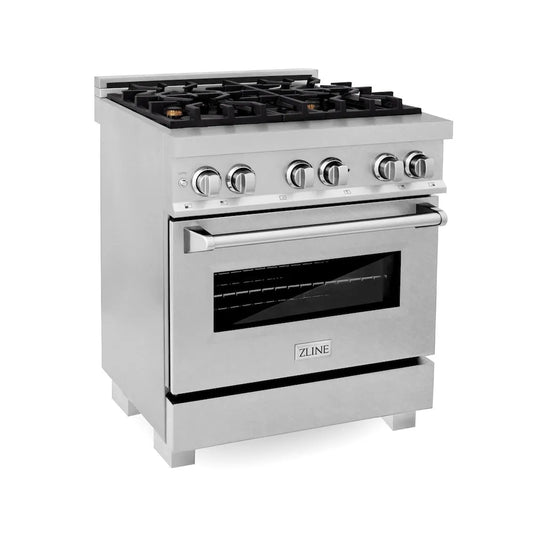 ZLINE 30 in. 4.0 cu. ft. Legacy Dual Fuel Range with Gas Cooktop and Electric Convection Oven in Satin Stainless Steel with 4 Brass Burners (RAS-SN-BR-30) main image.