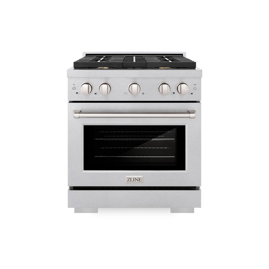 ZLINE 30 in. 4.2 cu. ft. Paramount Dual Fuel Range with Gas Cooktop and Electric Convection Oven in Satin Stainless Steel with 4 Brass Burners (SDRS-BR-30) front.