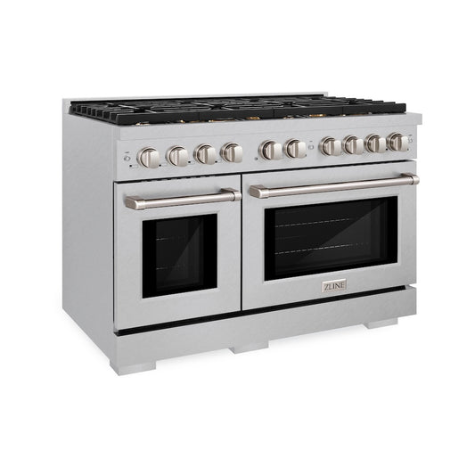 ZLINE 48 in. 6.7 cu. ft. Paramount Double Oven Dual Fuel Range in Satin Stainless Steel with 8 Brass Burners (SDRS-BR-48) side.