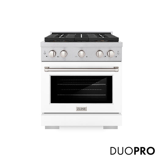 ZLINE 30 in. 4.2 cu. ft. Paramount Dual Fuel Range with 4 Burner DuoPro™ Cooktop and Electric Convection Oven in Satin Stainless Steel with White Matte Door (PSDRS-WM-30) front, with DuoPro™ logo.
