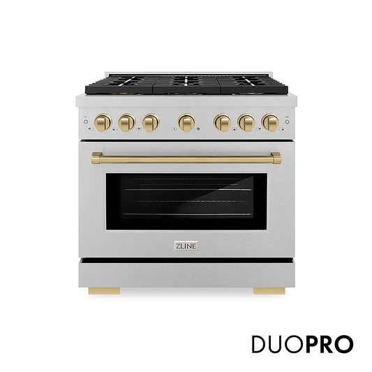 ZLINE Autograph Edition 36 in. 5.2 cu. ft. Paramount Dual Fuel Range with 6 Burner DuoPro™ Cooktop and Electric Convection Oven in Satin Stainless Steel and Champagne Bronze Accents (PSDRSZ-36-CB)