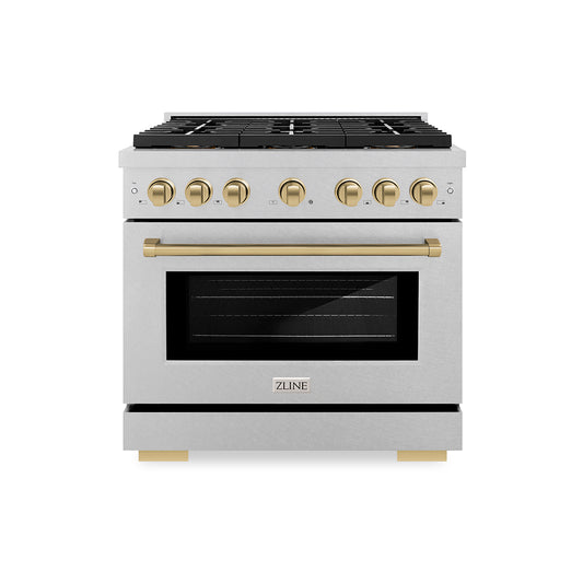 ZLINE Autograph Edition 36 in. 5.2 cu. ft. Paramount Dual Fuel Range with 6 Burner DuoPro™ Cooktop and Electric Convection Oven in Satin Stainless Steel and Champagne Bronze Accents (PSDRSZ-36-CB)