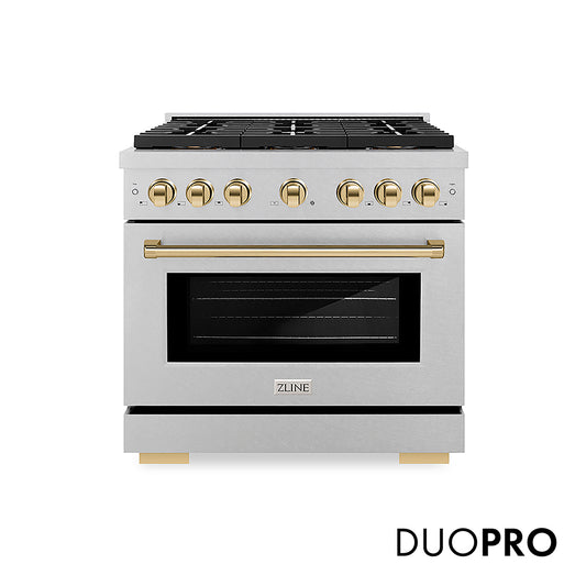 ZLINE Autograph Edition 36 in. 5.2 cu. ft. Paramount Dual Fuel Range with 6 Burner DuoPro™ Cooktop and Electric Convection Oven in Satin Stainless Steel and Polished Gold Accents (PSDRSZ-36-G)