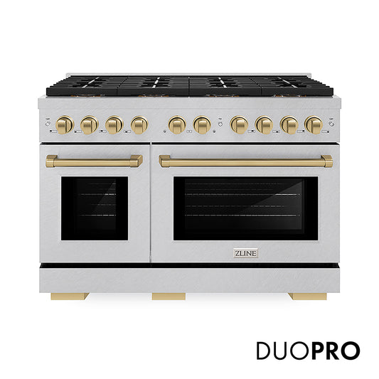 ZLINE Autograph Edition 48 in. 6.7 cu. ft. Paramount Dual Fuel Range with 8 Burner DuoPro™ Cooktop and Dual Ovens in Satin Stainless Steel and Champagne Bronze Accents (PSDRSZ-48-CB)