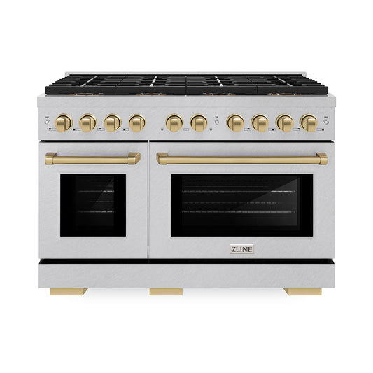 ZLINE Autograph Edition 48 in. 6.7 cu. ft. Paramount Dual Fuel Range with 8 Burner DuoPro™ Cooktop and Dual Ovens in Satin Stainless Steel and Champagne Bronze Accents (PSDRSZ-48-CB)