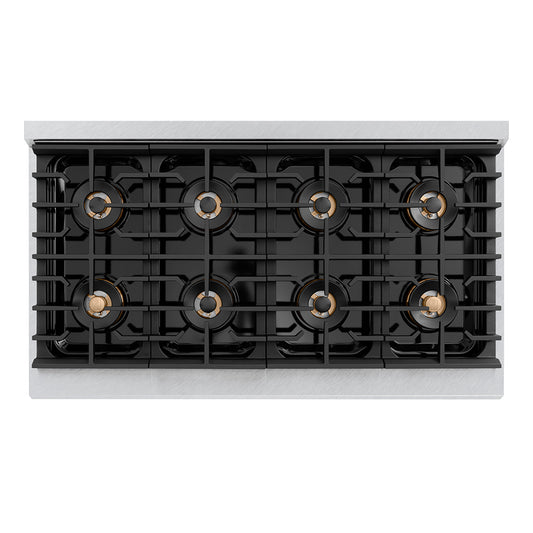 ZLINE Autograph Edition 48 in. 6.7 cu. ft. Paramount Dual Fuel Range with 8 Burner DuoPro™ Cooktop and Dual Ovens in Satin Stainless Steel and Champagne Bronze Accents (PSDRSZ-48-CB) top-down, above cooktop.