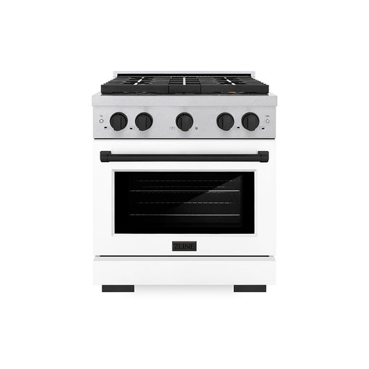 ZLINE Autograph Edition 30 in. 4.2 cu. ft. Paramount Dual Fuel Range with 4 Burner DuoPro™ Cooktop and Electric Convection Oven in Satin Stainless Steel with White Matte Door and Matte Black Accents (PSDRSZ-WM-30-MB)