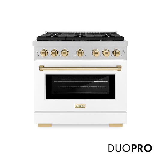 ZLINE Autograph Edition 36 in. 5.2 cu. ft. Paramount Dual Fuel Range with 6 Burner DuoPro™ Cooktop and Electric Convection Oven in Satin Stainless Steel with White Matte Door and Polished Gold Accents (PSDRSZ-WM-36-G)