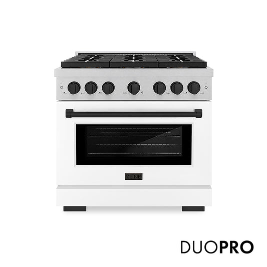 ZLINE Autograph Edition 36 in. 5.2 cu. ft. Paramount Dual Fuel Range with 6 Burner DuoPro™ Cooktop and Electric Convection Oven in Satin Stainless Steel with White Matte Door and Matte Black Accents (PSDRSZ-WM-36-MB)