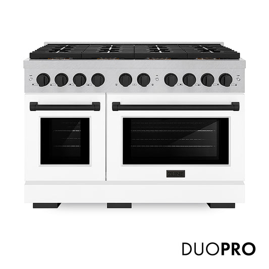 ZLINE Autograph Edition 48 in. 6.7 cu. ft. Paramount Dual Fuel Range with 8 Burner DuoPro™ Cooktop and Dual Ovens in Satin Stainless Steel with White Matte Doors and Matte Black Accents (PSDRSZ-WM-48-MB)