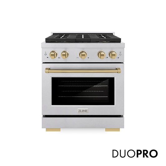 ZLINE Autograph Edition 30 in. 4.2 cu. ft. Paramount Gas Range with 4 Burner DuoPro™ Cooktop and Convection Gas Oven in Satin Stainless Steel and Champagne Bronze Accents (PSGRSZ-30-CB) front, with DuoPro™ logo.