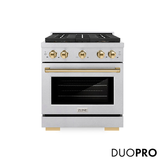 ZLINE Autograph Edition 30 in. 4.2 cu. ft. Paramount Gas Range with 4 Burner DuoPro™ Cooktop and Convection Gas Oven in Satin Stainless Steel and Polished Gold Accents (PSGRSZ-30-G) front, with DuoPro™ logo.