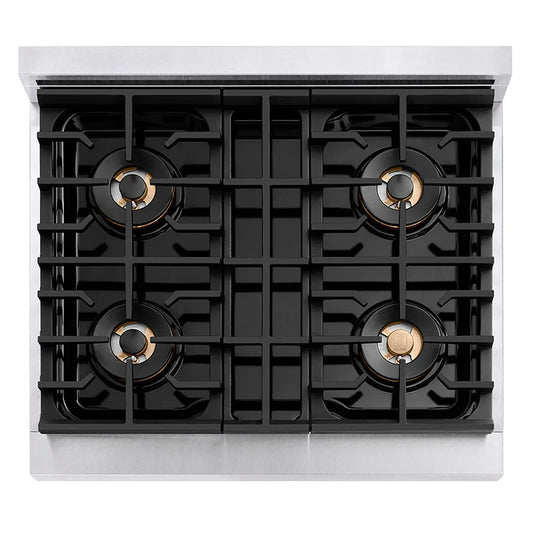 ZLINE Autograph Edition 30 in. 4.2 cu. ft. Paramount Gas Range with 4 Burner DuoPro™ Cooktop and Convection Gas Oven in Satin Stainless Steel and Polished Gold Accents (PSGRSZ-30-G) top-down, above cooktop.
