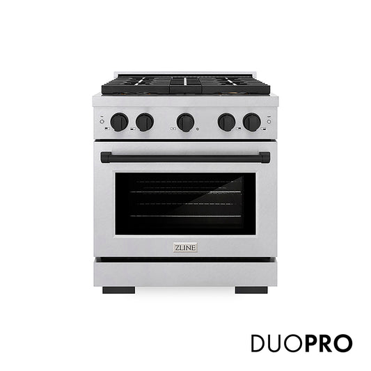 ZLINE Autograph Edition 30 in. 4.2 cu. ft. Paramount Gas Range with 4 Burner DuoPro™ Cooktop and Convection Gas Oven in Satin Stainless Steel and Matte Black Accents (PSGRSZ-30-MB) front, with DuoPro™ logo.