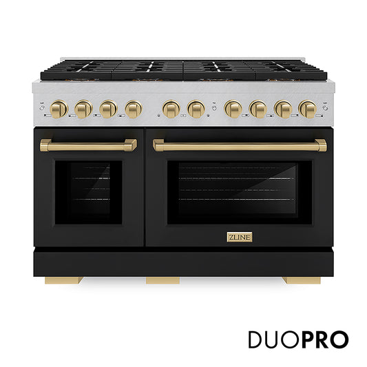 ZLINE Autograph Edition 48 in. 6.7 cu. ft. Paramount Dual Fuel Range with 8 Burner DuoPro™ Cooktop and Dual Ovens in Satin Stainless Steel with Black Matte Doors and Champagne Bronze Accents (PSDRSZ-BLM48-CB)