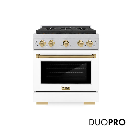 ZLINE Autograph Edition 30 in. 4.2 cu. ft. Paramount Gas Range with 4 Burner DuoPro™ Cooktop and Convection Gas Oven in Satin Stainless Steel with White Matte Door and Champagne Bronze Accents (PSGRSZ-WM-30-CB)