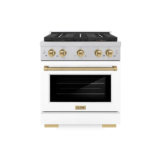 ZLINE Autograph Edition 30 in. 4.2 cu. ft. Paramount Gas Range with 4 Burner DuoPro™ Cooktop and Convection Gas Oven in Satin Stainless Steel with White Matte Door and Champagne Bronze Accents (PSGRSZ-WM-30-CB)