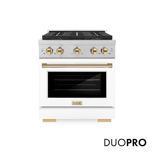 ZLINE Autograph Edition 30 in. 4.2 cu. ft. Paramount Gas Range with 4 Burner DuoPro™ Cooktop and Convection Gas Oven in Satin Stainless Steel with White Matte Door and Polished Gold Accents (PSGRSZ-WM-30-G)
