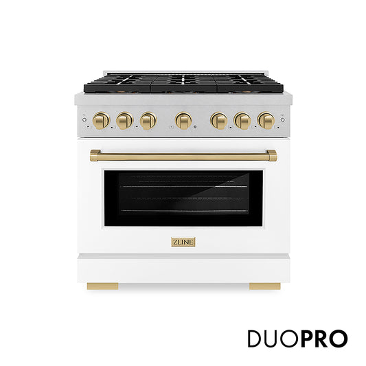 ZLINE Autograph Edition 36 in. 5.2 cu. ft. Paramount Gas Range with 6 Burner DuoPro™ Cooktop and Convection Gas Oven in Satin Stainless Steel with White Matte Door and Champagne Bronze Accents (PSGRSZ-WM-36-CB)