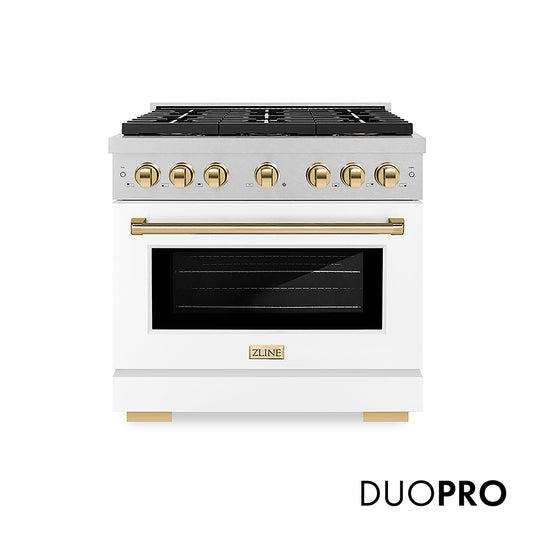 ZLINE Autograph Edition 36 in. 5.2 cu. ft. Paramount Gas Range with 6 Burner DuoPro™ Cooktop and Convection Gas Oven in Satin Stainless Steel with White Matte Door and Polished Gold Accents (PSGRSZ-WM-36-G)